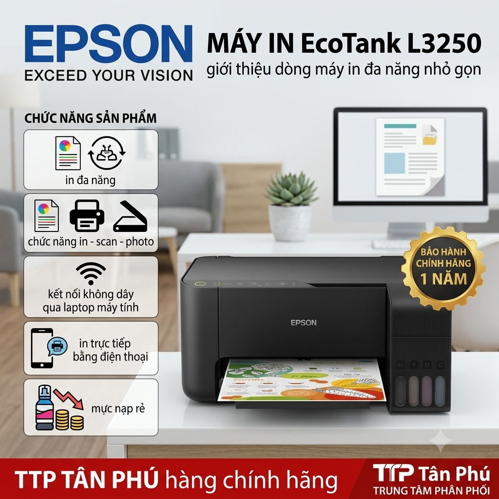 Epson L3250 - in màu - In Scan Photocopy - Wifi , kèm 4 bình mực hàn quốc