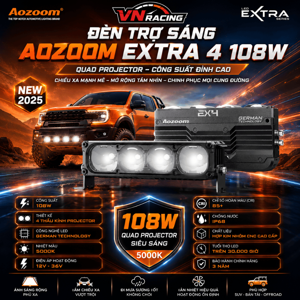 Đèn Trợ Sáng Ex4 AOZOOM Công Suất 108W, Trợ Sáng EX4 Chống Nước Chuẩn IP68 - BH 2 Năm