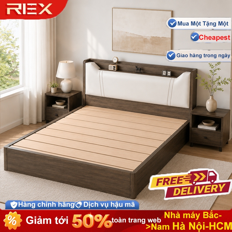 REX giường gỗ pallet gỗ giường Đầu giường có không gian lưu trữ và tựa lưng mềm mại