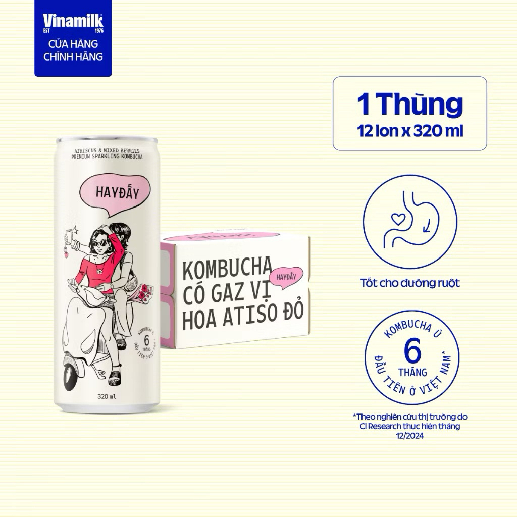 [CHÍNH HÃNG] Thùng 12 lon Kombucha Có Gaz HAYĐẤY Vị Hoa Atiso Đỏ Vinamilk 320ml
