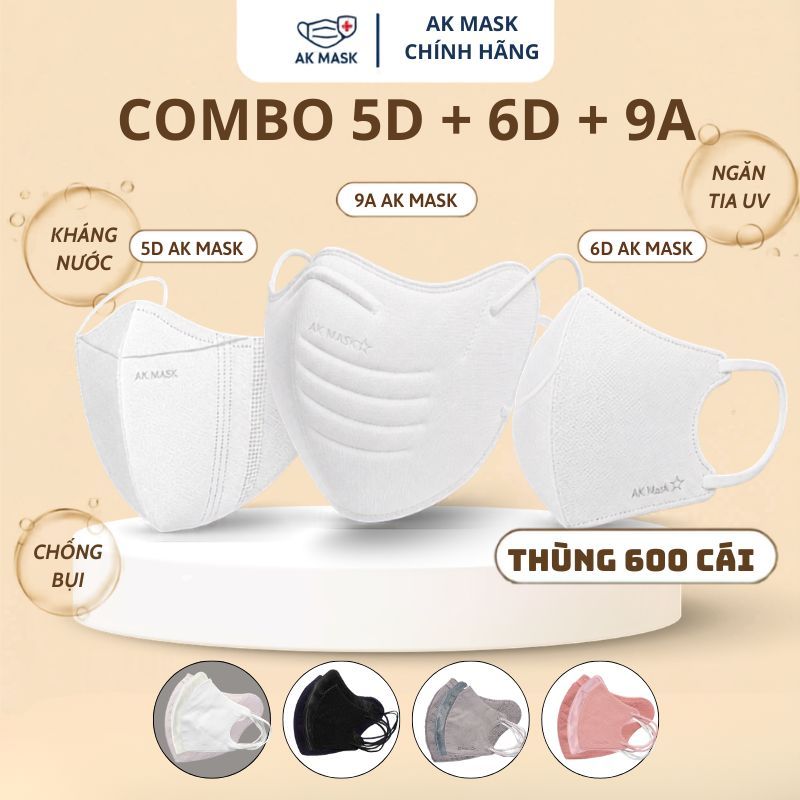 [THÊM 20C MGG 50K] Combo 600C 3 Loại 5D Pro, 6D Pro Và 9A Khẩu Trang AK MASK Kháng Khuẩn, Chống Bụi 