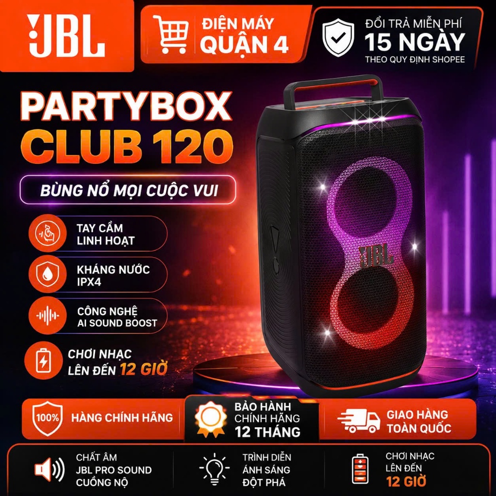 Loa Bluetooth JBL PartyBox 120 160W Pin 12 Giờ