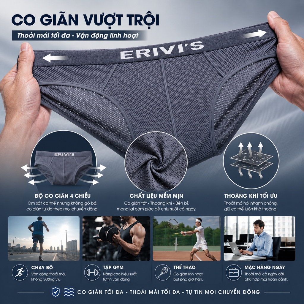 1 chiếc quần xịp nam Erivis 024, chất Cotton lạnh thông hơi co giãn 4 chiều, Hàng Việt cao cấp