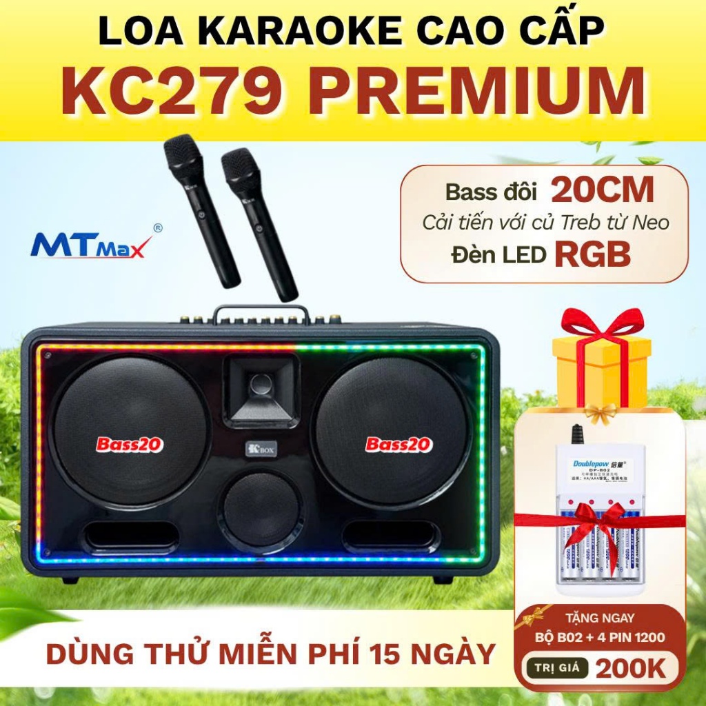 Loa Karaoke KC279 Premium 300W, Bass Đôi 20 Căng Ấm, BassBoost Mạnh Mẽ, Pin Khủng 18000mAh