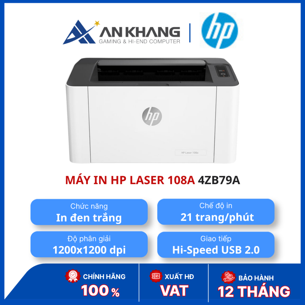 Máy In HP Laser 108A 4ZB79A Chính Hãng - In Laser Đen Trắng 21 Trang/Phút, USB 2.0