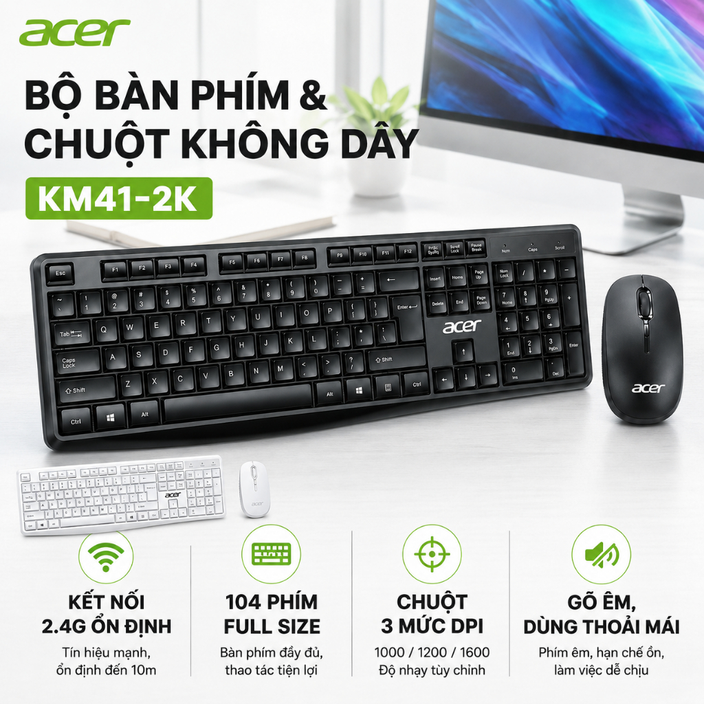 Bộ Bàn Phím Chuột Không Dây Acer KM41-2K, 2.4G, Fullsize 104 Phím, Chuột 3 Mức DPI, Gõ Êm, Phù Hợp H