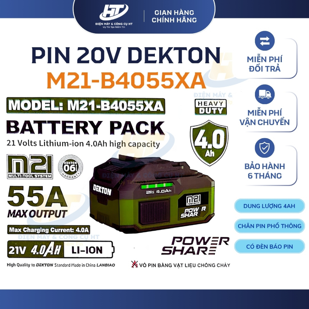 PIN DEKTON M21-B4055A 4.0AH -DÒNG XẢ MAX 65A, 10CELL, VỎ CHỐNG CHÁY.