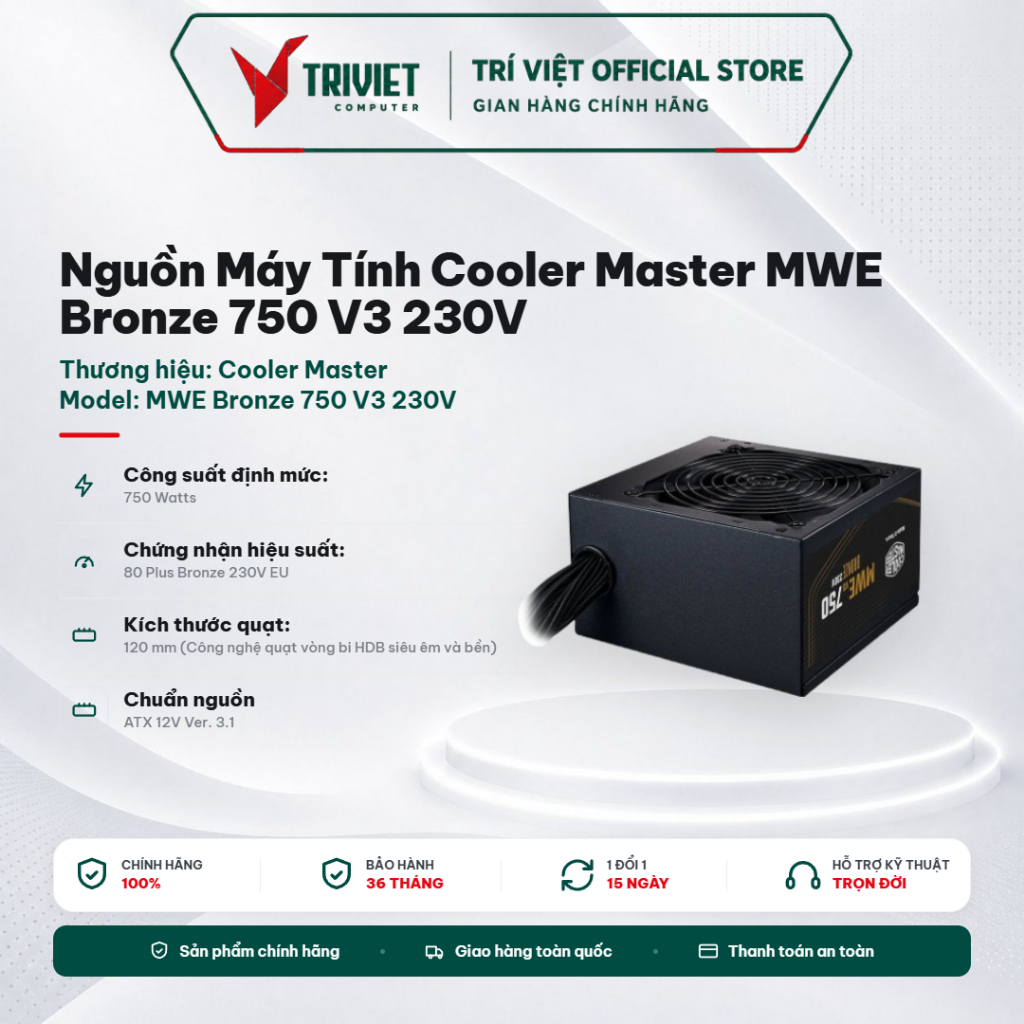 Nguồn Máy Tính Cooler Master MWE Bronze 750 V3 230V ATX 3.1 750W - 80 Plus Bronze - Active PFC - Quạ