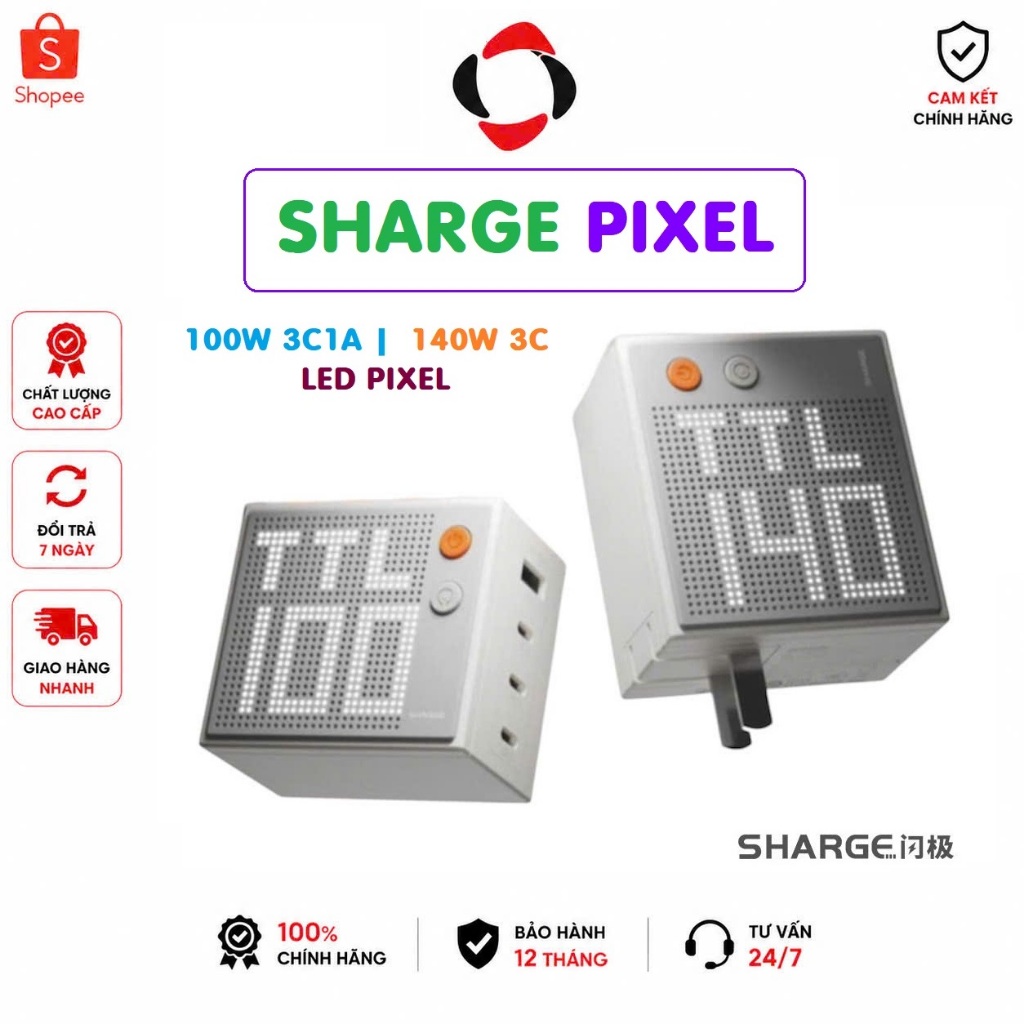 Củ Sạc SHARGE PIXEL 67W 100W 140W Màn Hình Điểm Sáng Cổ Điển | 3 Cổng USB-C Max 140W