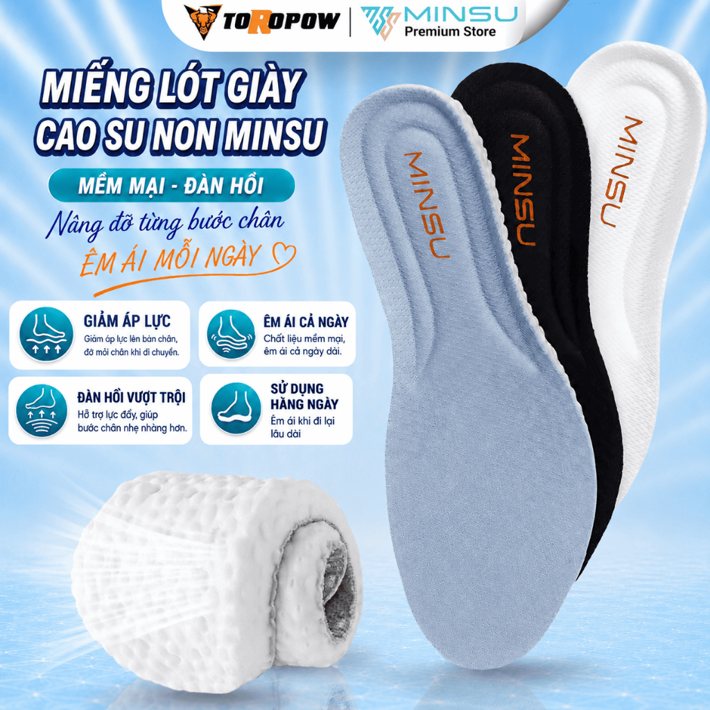 Lót Giày Thể Thao Cao Su Non Nam Nữ Cao Cấp Chính Hãng MINSU M2355, Khử Mùi, Thoáng Khí, Ngăn Vi Khu