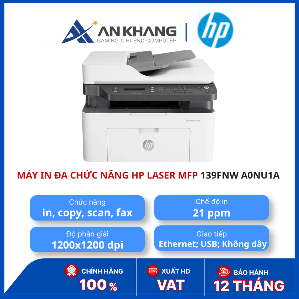 Máy In Đa Chức Năng HP Laser MFP 139fnw A0NU1A Chính Hãng - In Scan Copy Fax, WiFi, ADF