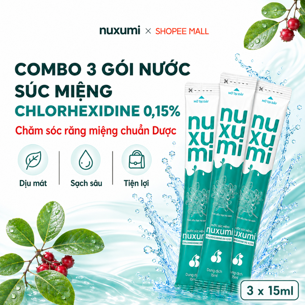 Combo 3 Gói Nước Súc Miệng Nuxumi Giảm Hôi Miệng, Viêm Nướu, Hơi Thở Thơm Mát 15ml