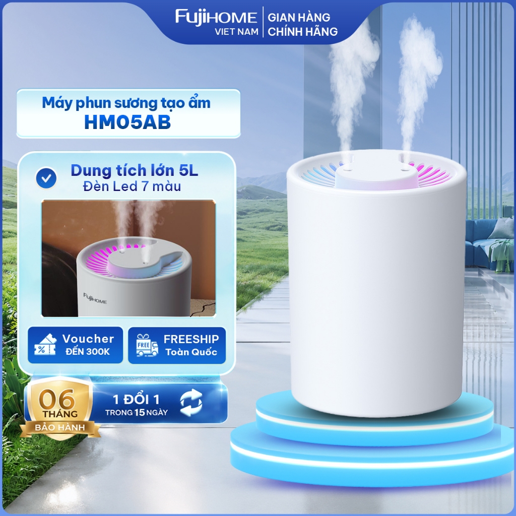 Máy phun sương tạo ẩm xông tinh dầu FUJIHOME HM05A dung tích 5L, 2 vòi phun, tích hợp đèn Led 7 màu