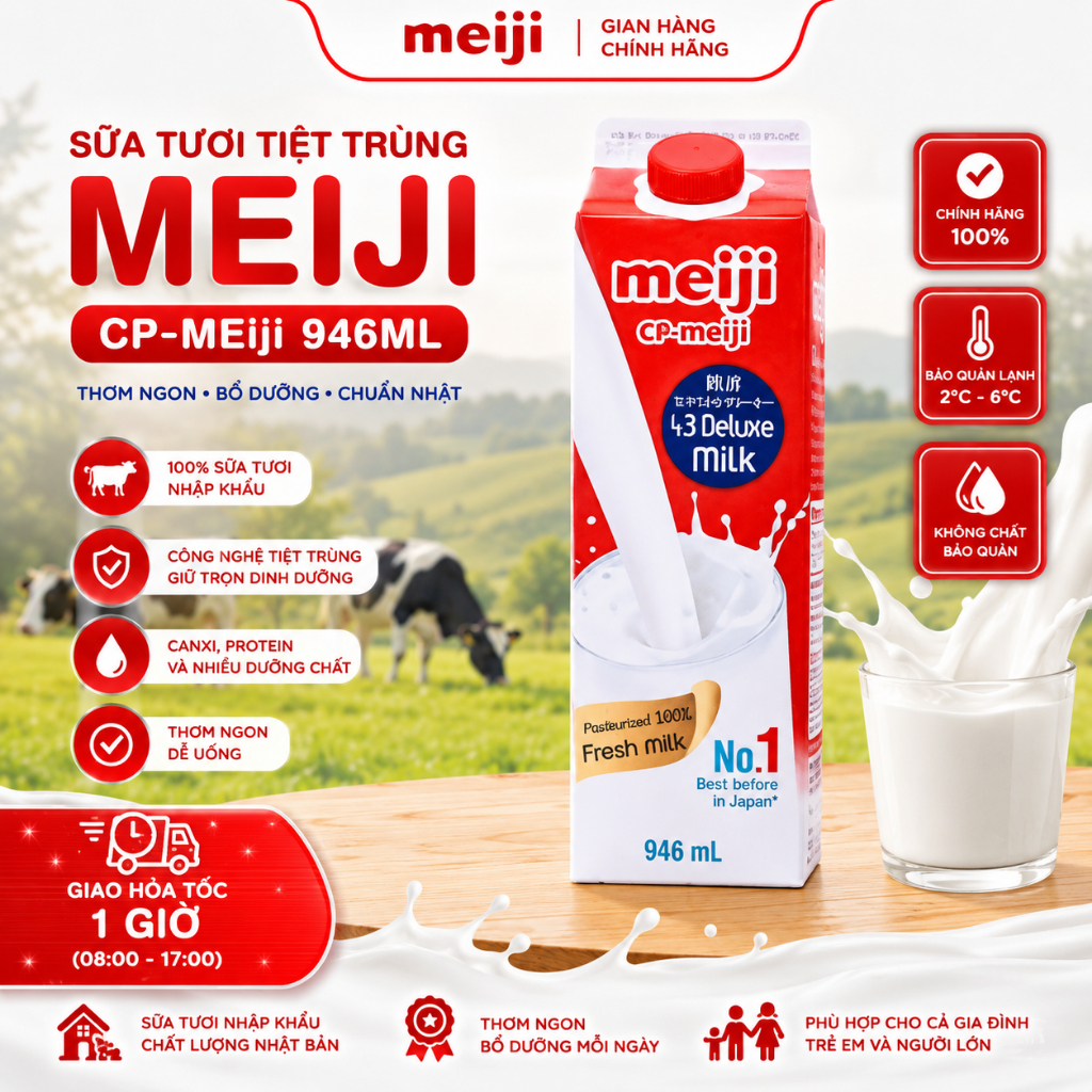 Sữa thanh trùng Meiji hộp đỏ 946ml