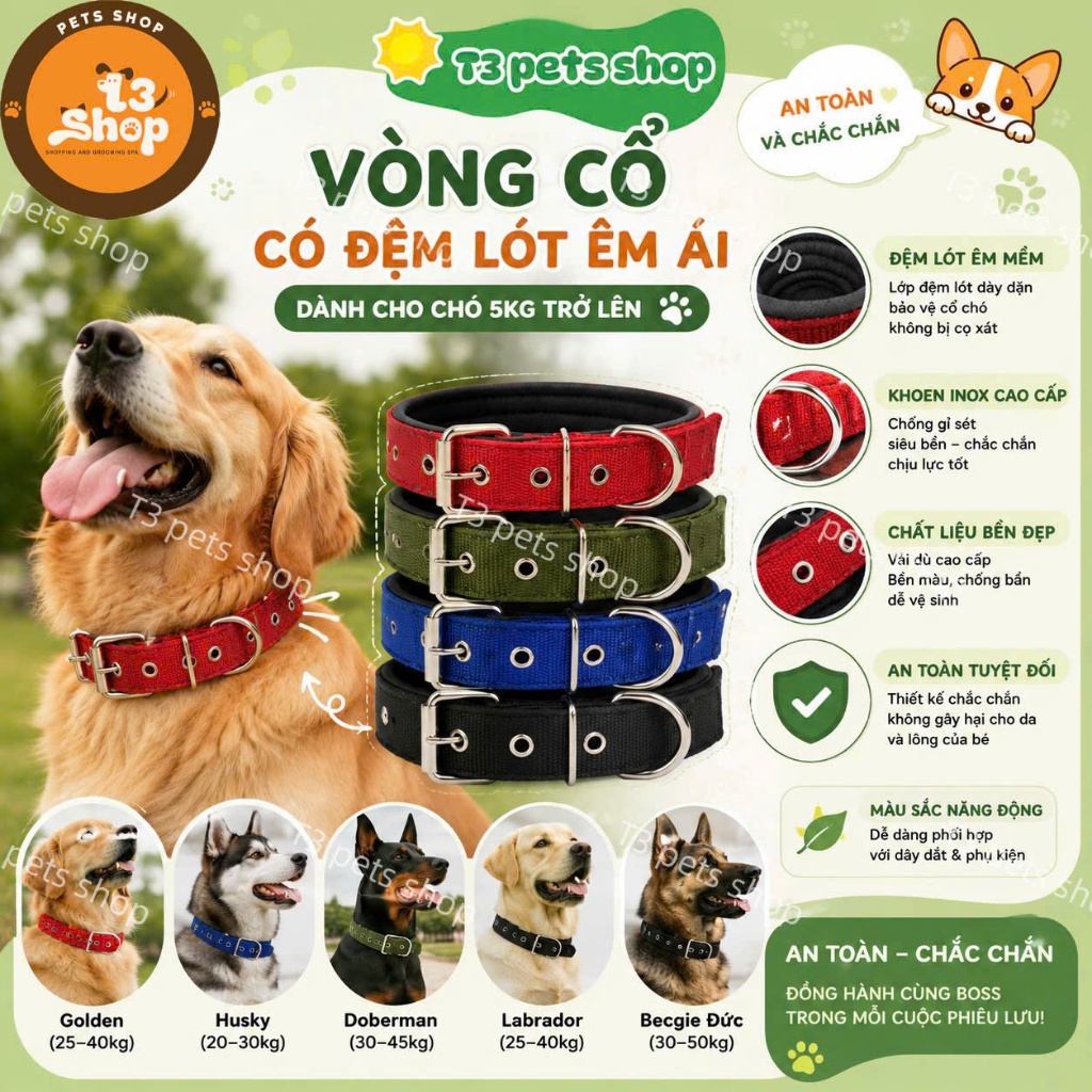 vòng cổ đệm lót không gây đau cổ cho chó - T3 PETS SHOP