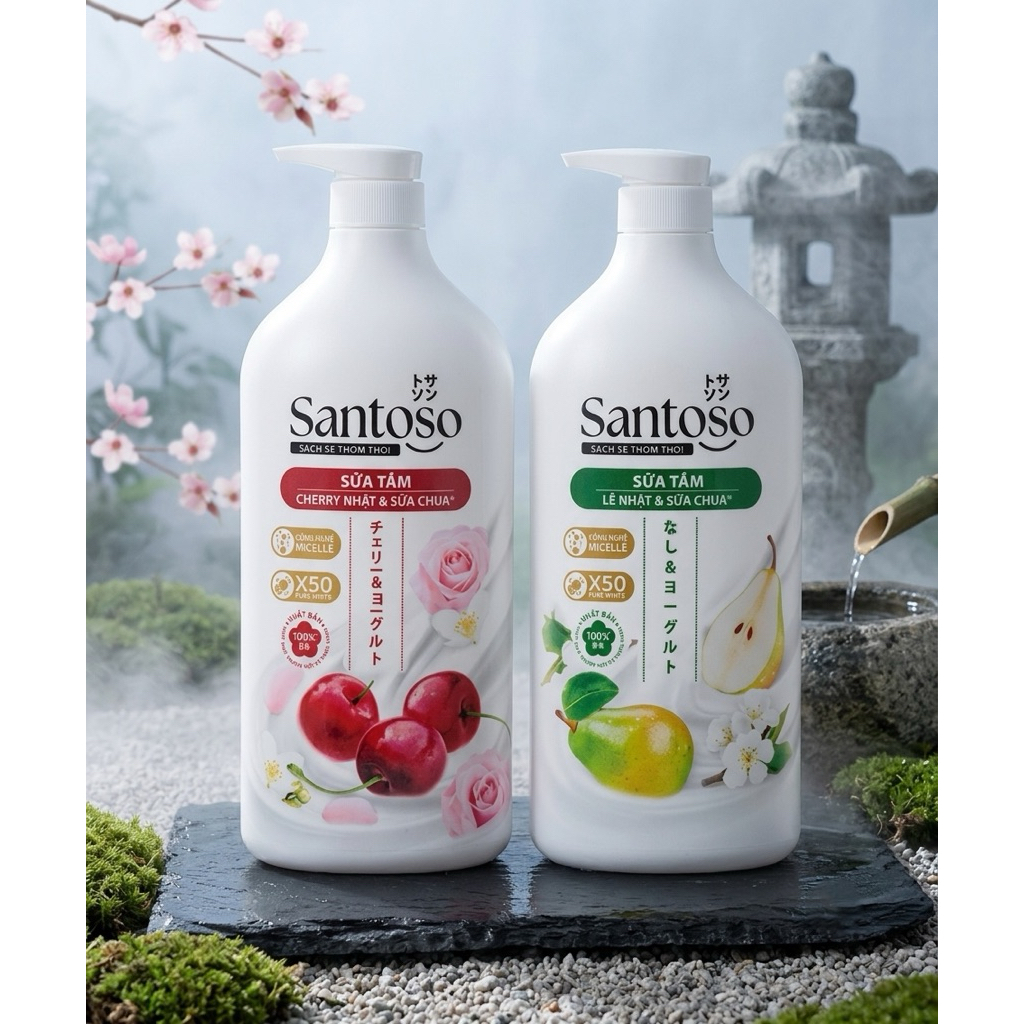 Sữa Tắm Santoso Cherry Nhật & Sữa Chua / Lê Nhật & Sữa Chua 980ml - Hương Thơm Dịu Nhẹ, Làm Sạch Da 