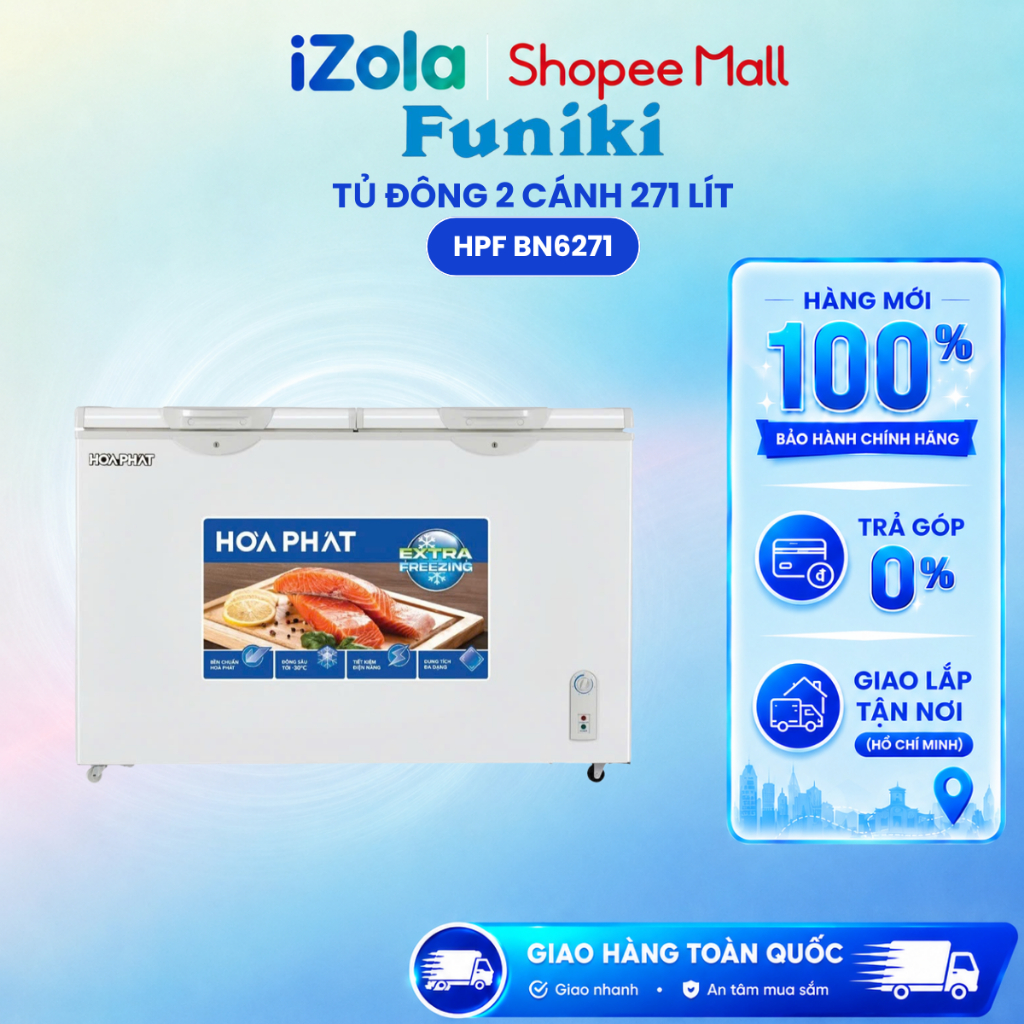 HPF BN6271 - Tủ đông Hòa Phát 2 ngăn 2 cánh HPF BN6271 - 271 lít - Hàng chính hãng