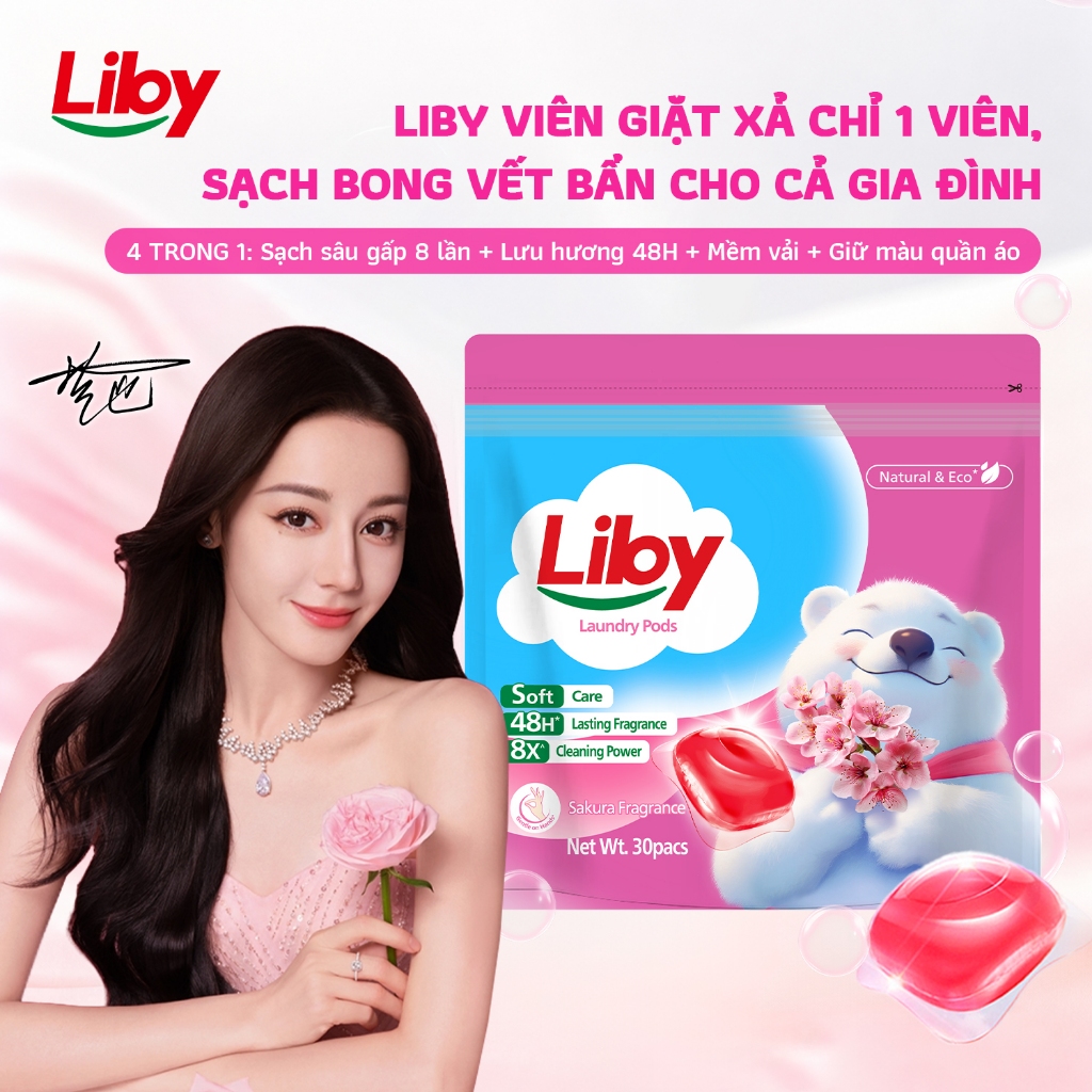 Liby Viên Giặt Liby Hoa Anh Đào Lưu Hương 48 Giờ Sạch Gấp 8 Lần Mềm Mại Như Da Em Bé Giữ Màu Tươi Mớ