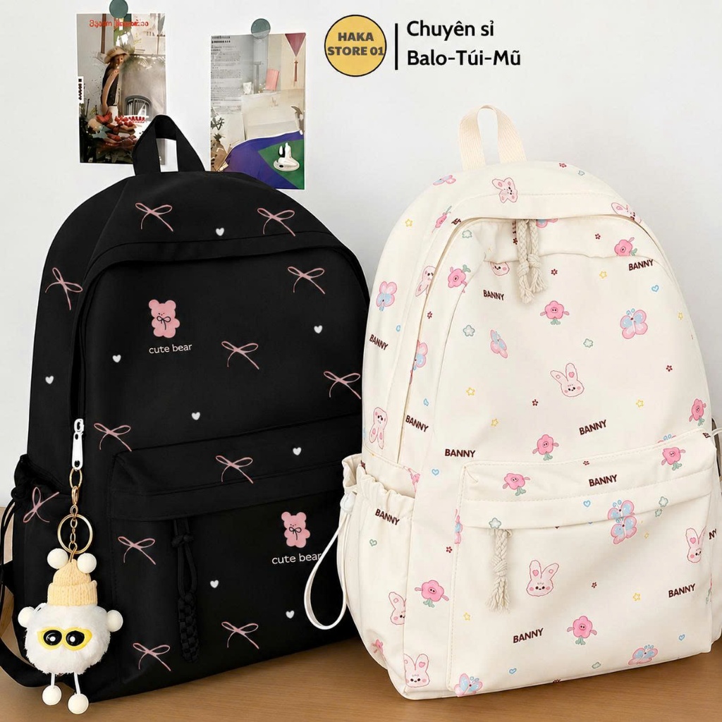 Balo nữ ulzzang họa tiết nơ nhí xinh xắn thời trang hộp trơn chống nước đi chơi đi học đựng vừa laptop 15.6inch