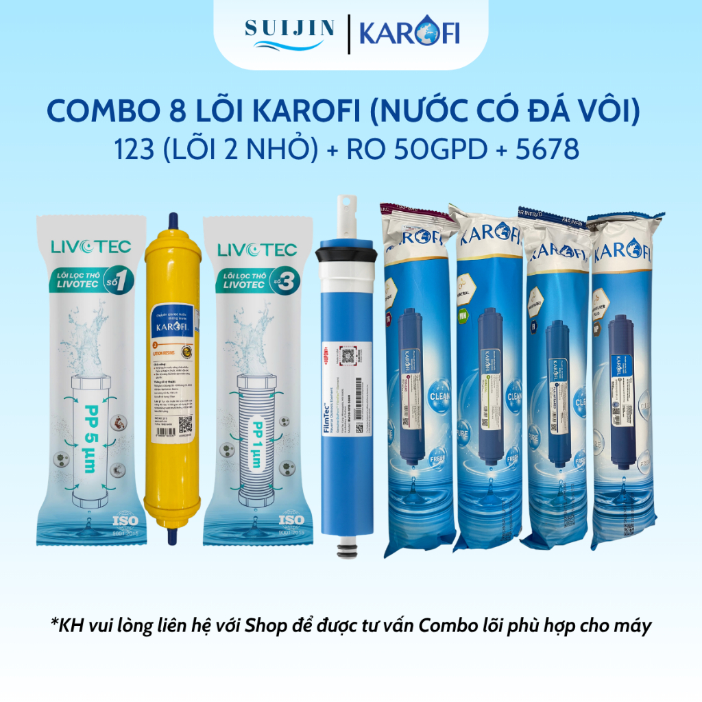 Combo 8 Lõi Lọc Nước Karofi Gồm Lõi 123 (Lõi 2 Cation Nhỏ) - Màng RO Dupont 50GPD - 4 Lõi Chức Năng 
