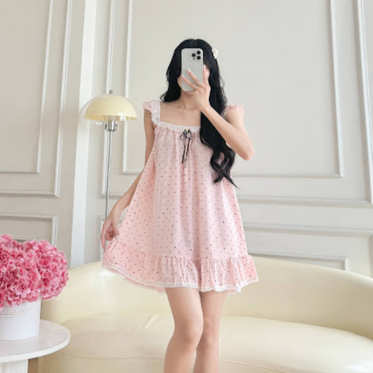 RAQUELLE | Váy ngủ DOTTIE nữ hai dây chấm bi viền ren dáng babydoll mềm mại, phong cách tiểu thư ngọ