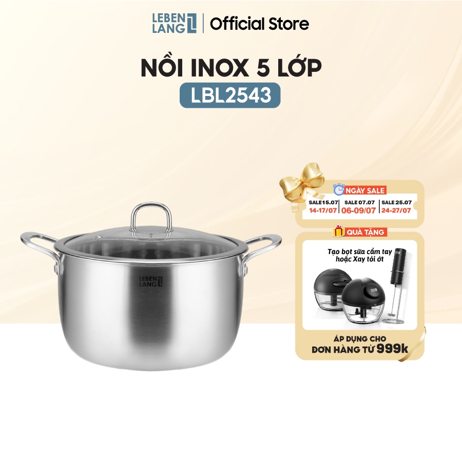 Nồi inox 304 nắp kính Lebenlang LBL2543, dung tích 4L6, nồi đa năng - hàng chính hãng