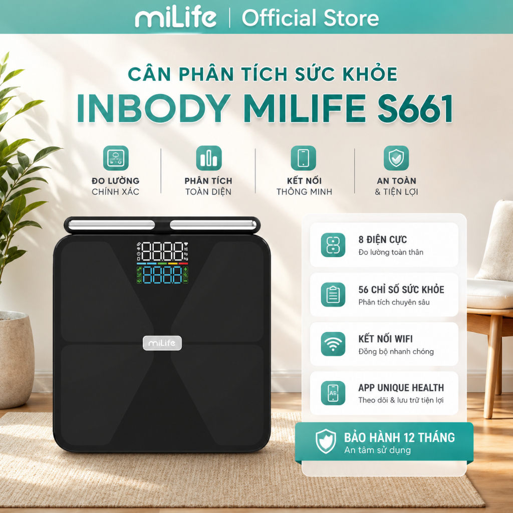 Cân phân tích sức khỏe inbody miLife S661, 8 điện cực, 56 chỉ số sức khỏe, kết nối wifi app unique h