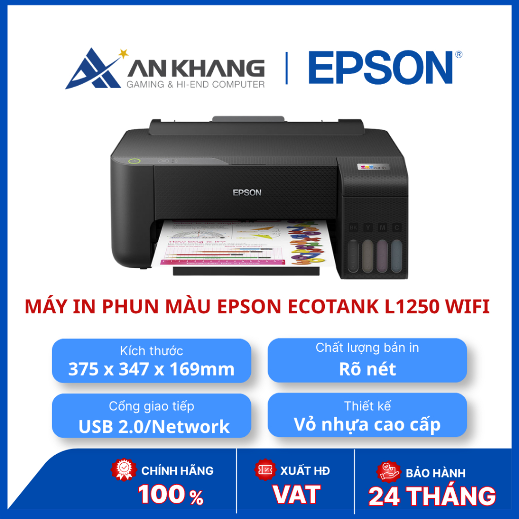 Máy In Phun Màu Epson EcoTank L1250 WiFi Chính Hãng - In Màu A4, WiFi Direct, Tiết Kiệm Mực