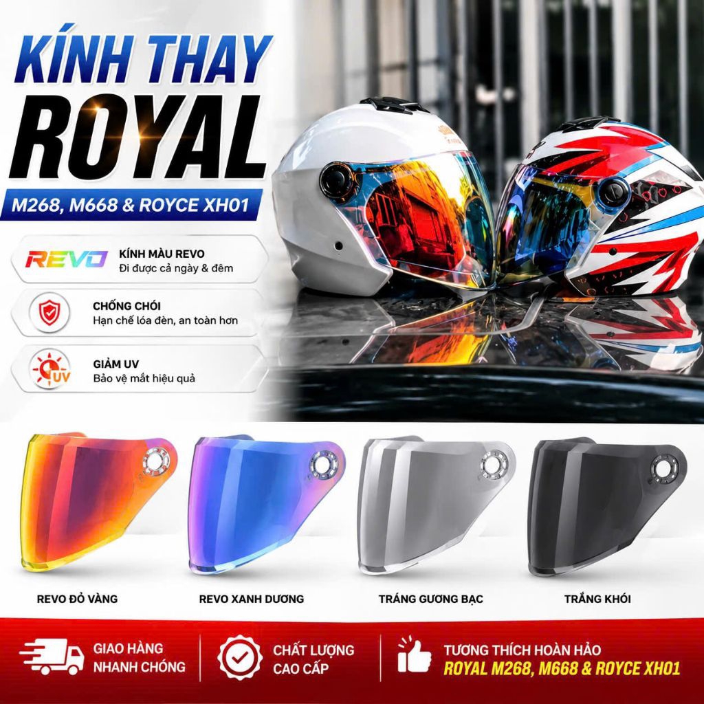 Kính thay thế mũ bảo hiểm 3/4 Royal M268, Royal M668, Royce XHO1 Helmet