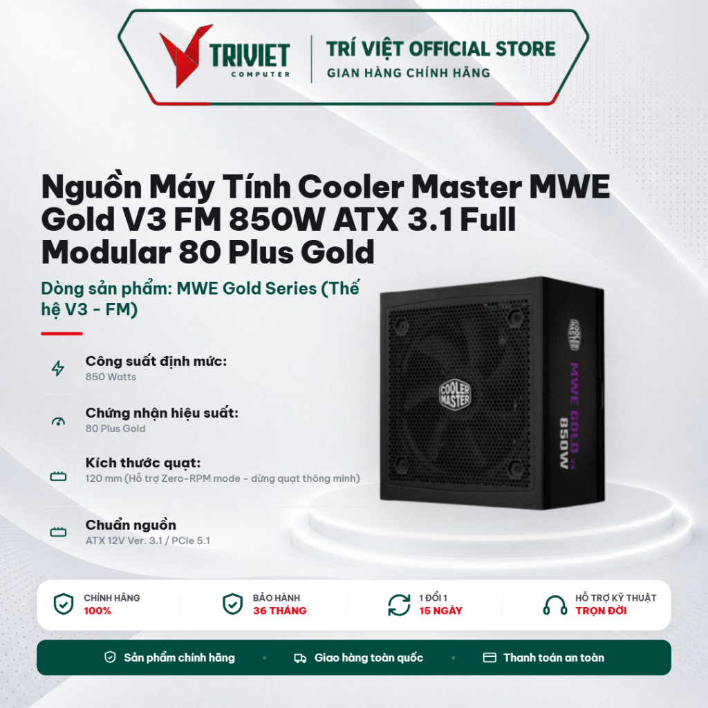 Nguồn Máy Tính Cooler Master MWE Gold V3 FM 850W ATX 3.1 Full Modular 80 Plus Gold - Hỗ Trợ 12V-2x6
