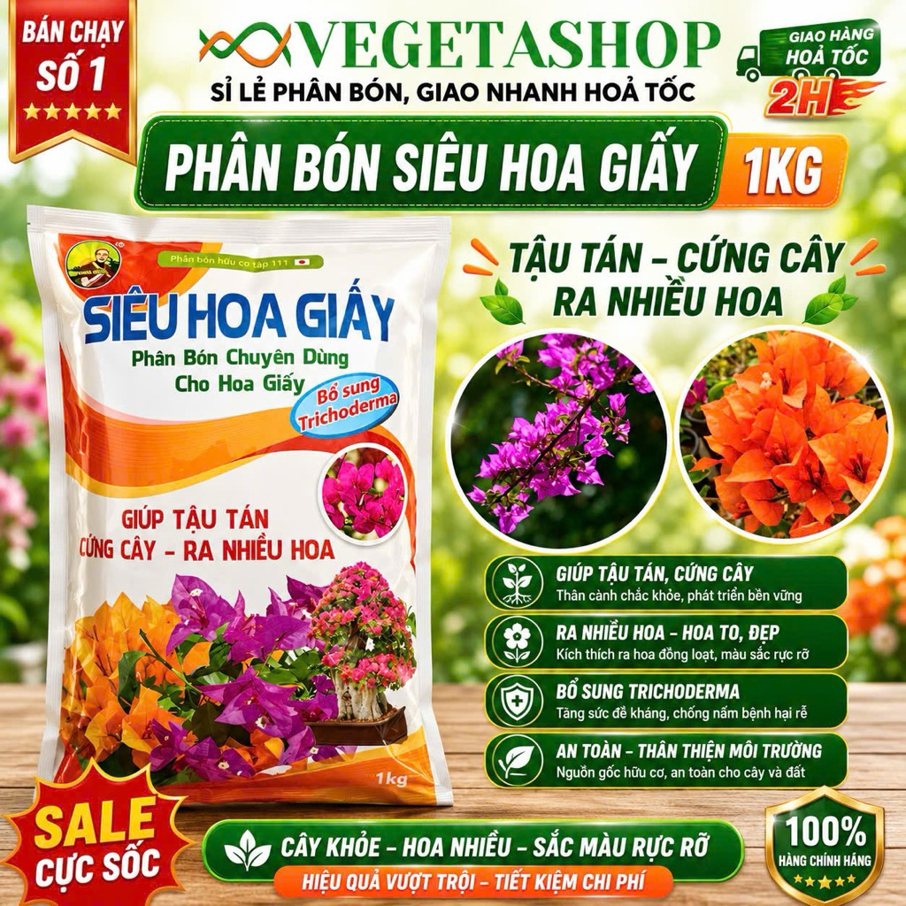 PHÂN BÓN SIÊU HOA GIẤY Gói 1kg - kích ra hoa, dưỡng cây xanh lá-Bổ sung trichoderma VEGETASHOP- Phân