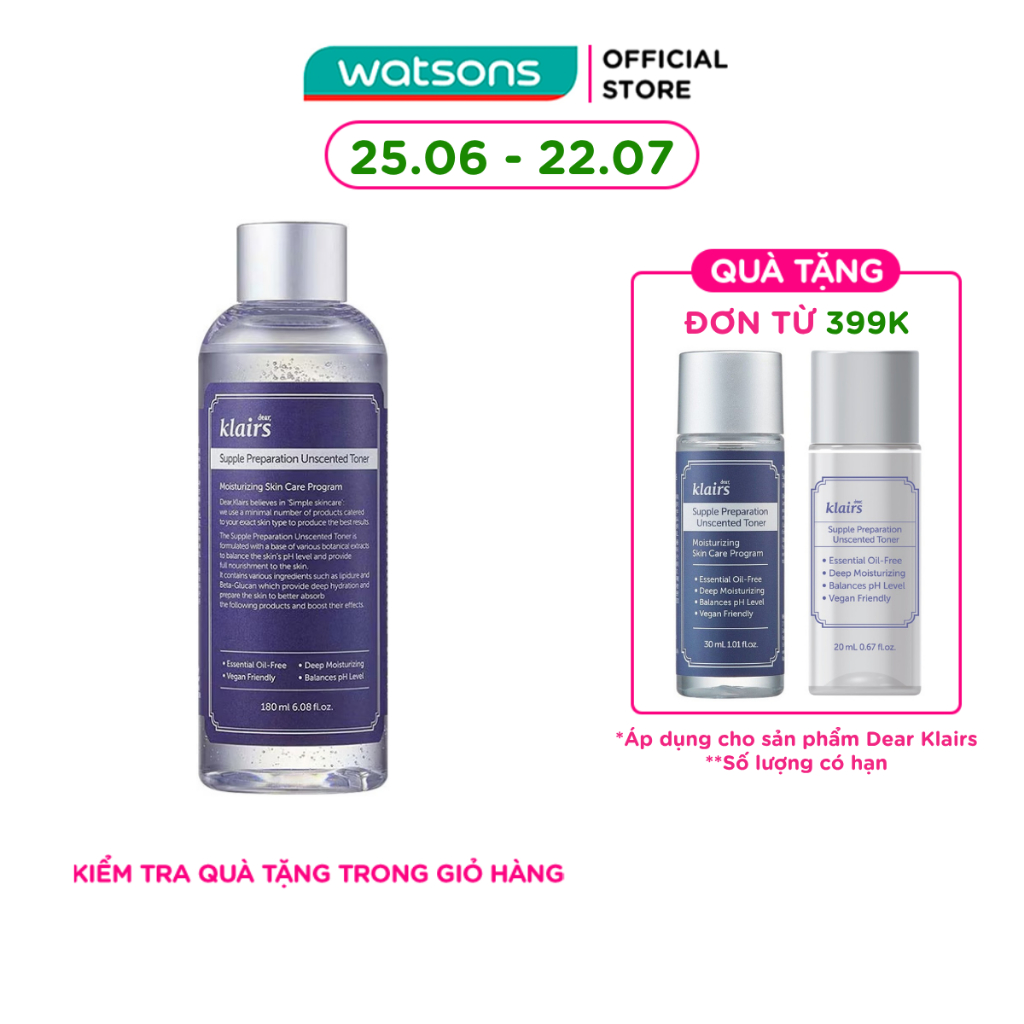 Nước Hoa Hồng Không Mùi Dear Klairs Supple Preparation Unscented 180ml