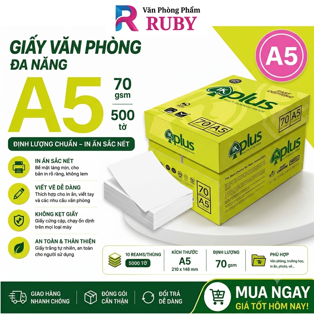 [GIẤY IN A5 CHÍNH HÃNG] Ram 500 Tờ Giấy A5 IK Plus 70gsm – Giấy Photocopy Khổ A5 Trắng Mịn, Chống Kẹ