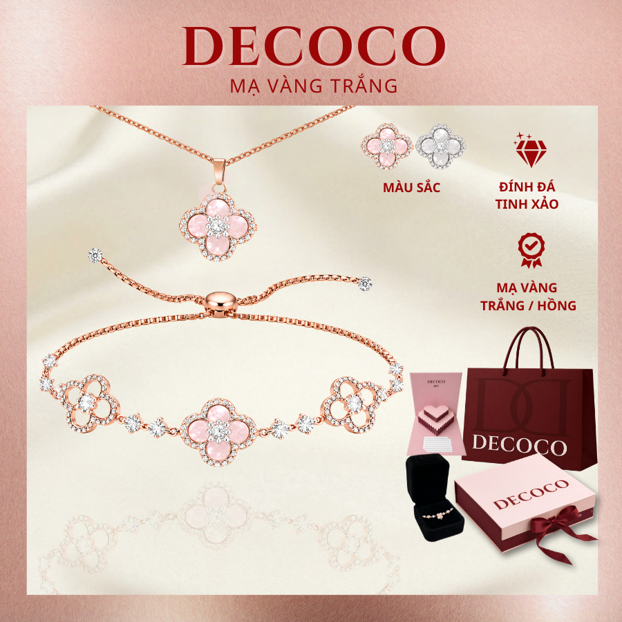 Vòng cổ & vòng tay SAKURA cỏ 4 lá charm hoa đá xà cừ DECOCO ( kèm Túi giấy + Hộp + Thiệp )