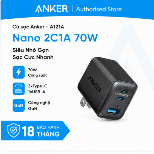 Củ sạc Anker Nano 2C1A 70W - A121A - Hàng chính hãng - Bảo hành 18 tháng