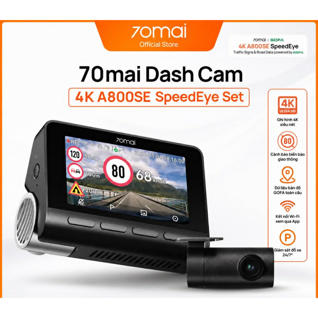 Camera Hành Trình 70mai Dash Cam A800SE 4K SpeedEye Set - GPS, Cảnh Báo Biển Báo Giao Thông, WiFi