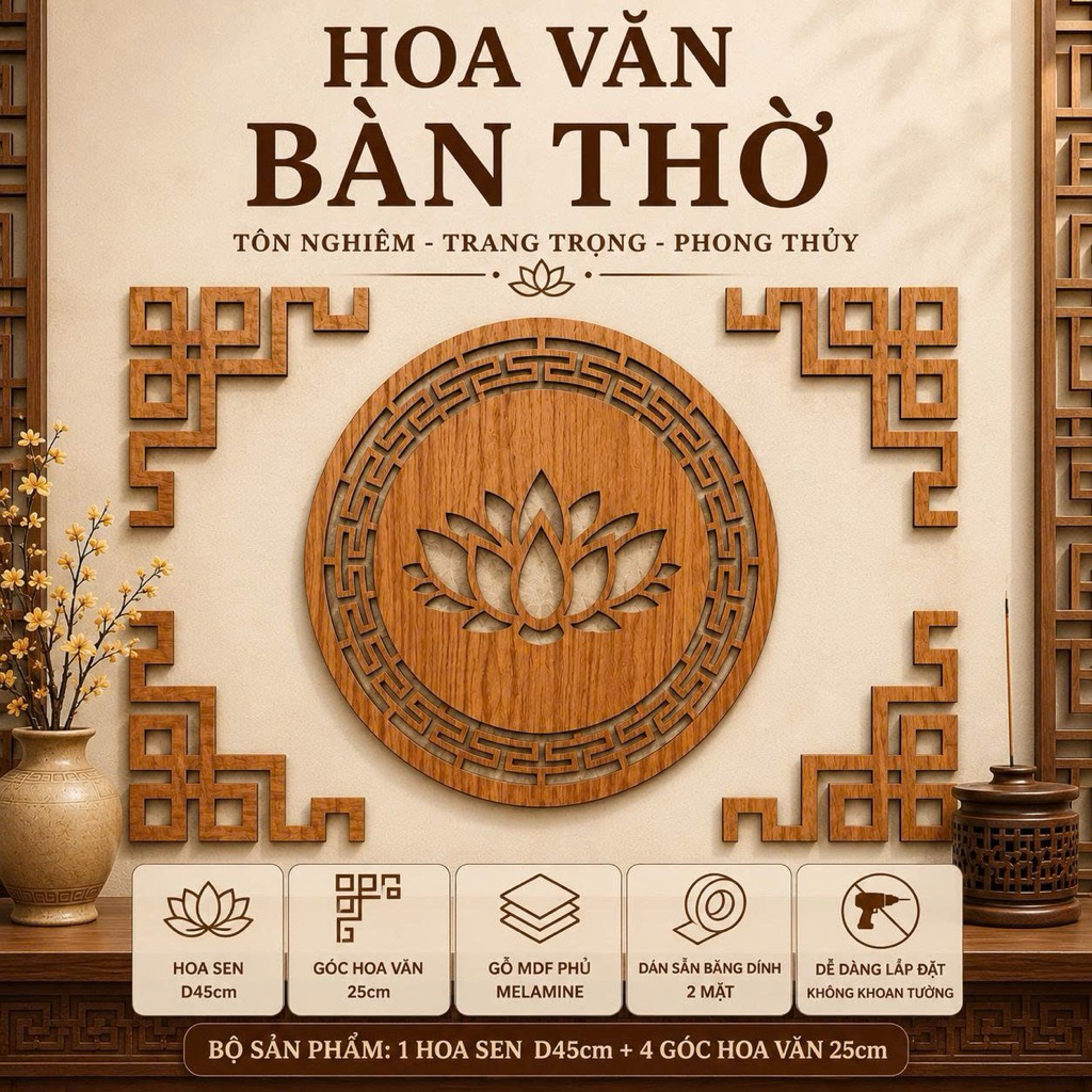 Hoa Văn Bàn Thờ CNC Gỗ MDF – Hoa Sen Phong Thủy Trang Trí Phòng Thờ, Vách Bàn Thờ Treo Tường