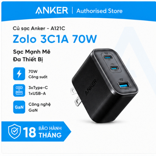 Củ sạc Anker Zolo 3C1A 70W - A121C - Hàng chính hãng - Bảo hành 18 tháng