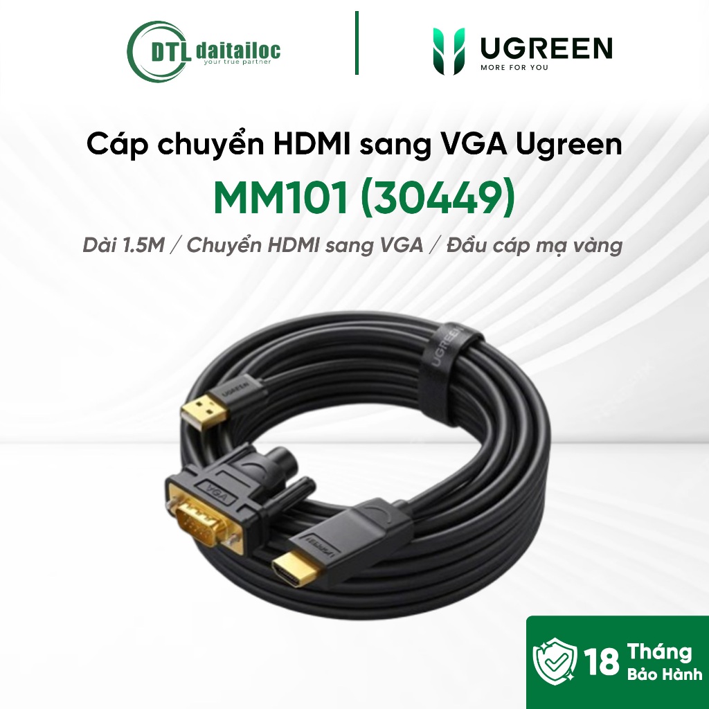 Cáp chuyển HDMI sang VGA Ugreen MM101 (30449) 1.5M hỗ trợ Full HD | Chính hãng | Bảo hành 18 tháng
