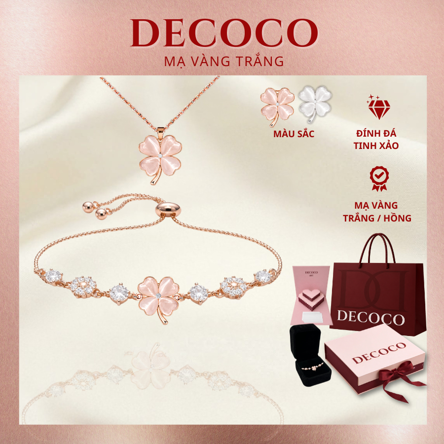 Set vòng cổ và vòng tay BLESS cỏ 4 lá hoa mai đính đá DECOCO kèm túi giấy, hộp, thiệp