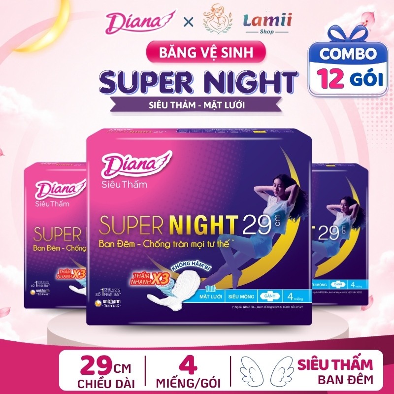 Combo 12 gói Băng vệ sinh Ban đêm Supernight Diana Siêu Thấm Có Cánh Size 29cm 35cm 42cm Bản rộng