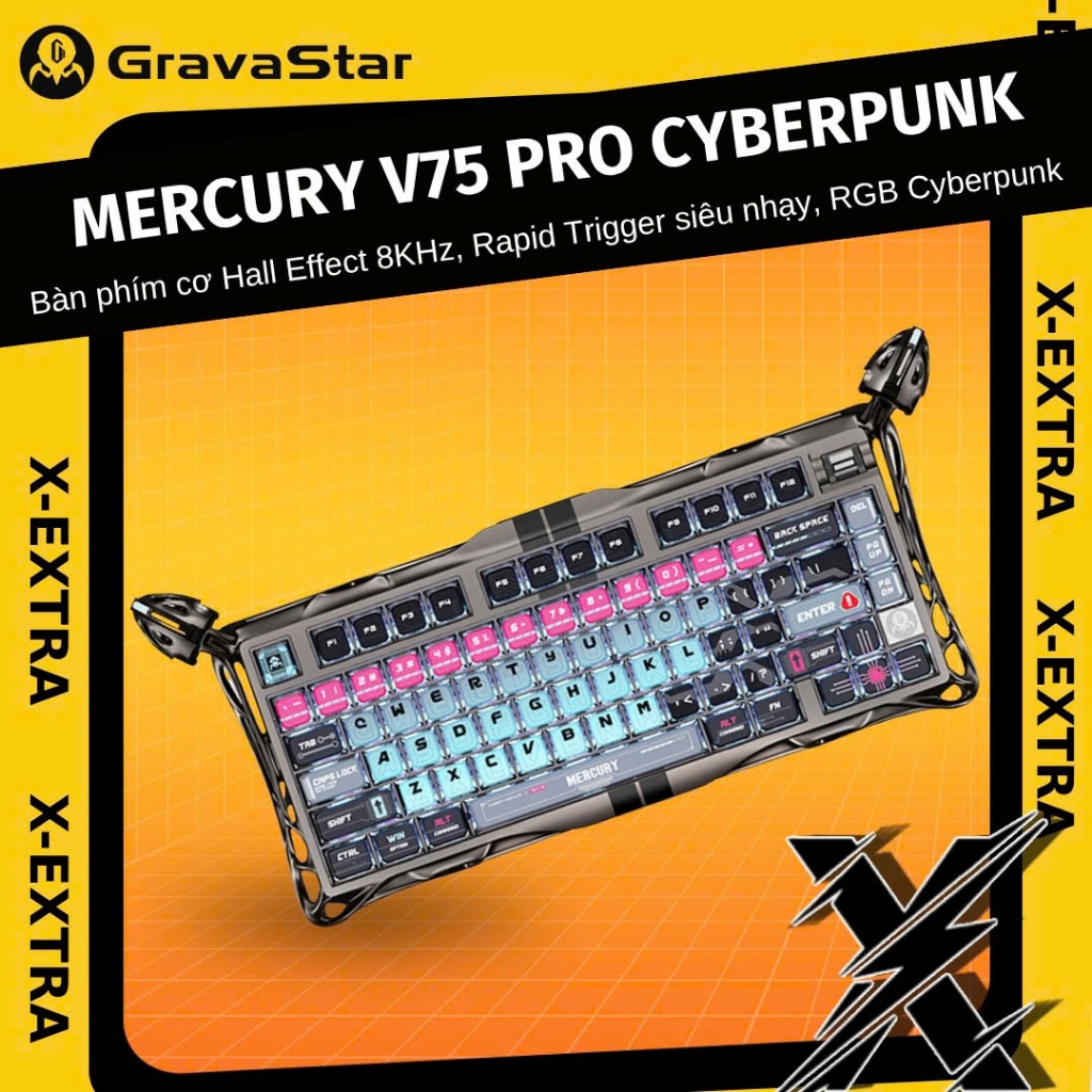 Bàn Phím Cơ GravaStar Mercury V75 Pro Cyberpunk Hall Effect Rapid Trigger 8000Hz RGB Gaming Keyboard