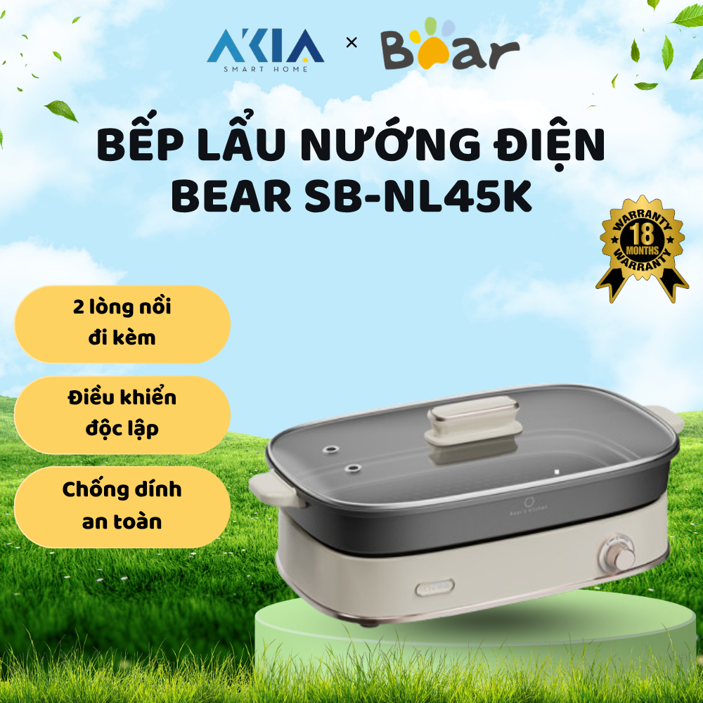 Nồi lẩu nướng Bear SB-NL45K - 2 lòng nồi riêng biệt chống dính và kháng khuẩn, điều khiển núm xoay