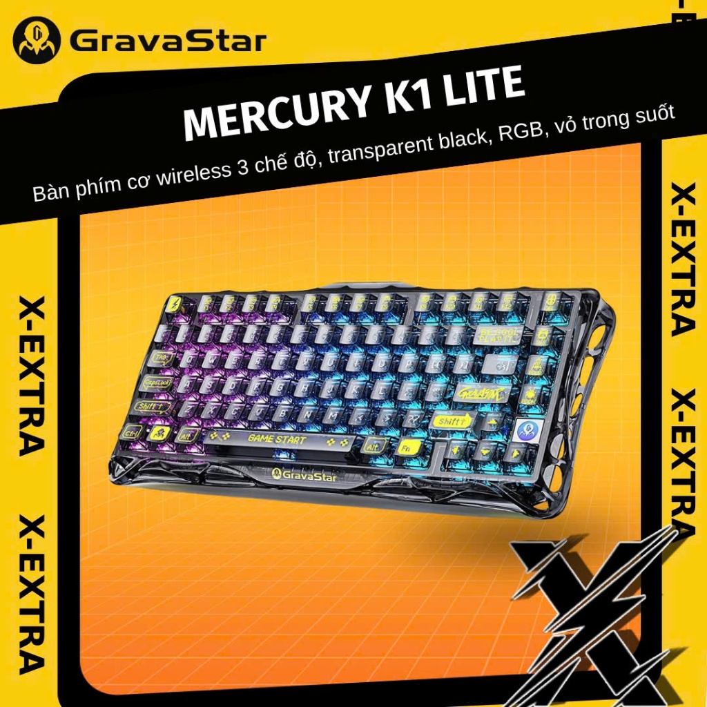 GravaStar Mercury K1 Lite Transparent Black Gaming Keyboard Wireless RGB – 75%, Hot Swap Cao Cấp