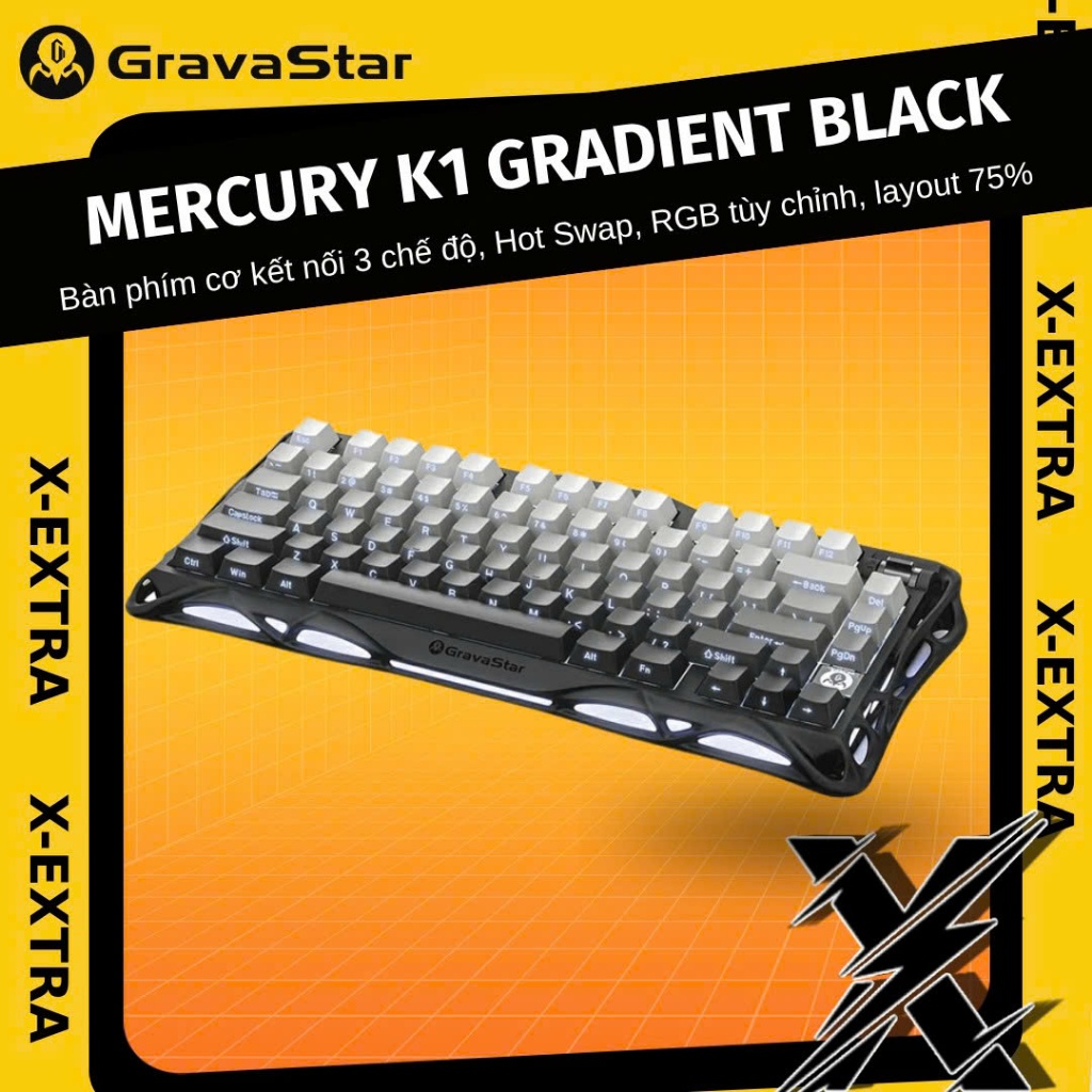Bàn Phím Cơ GravaStar Mercury K1 Gradient Black RGB Wireless 3 Mode Hot Swap Gaming Keyboard 75% | BigBuy360 - bigbuy360.vn