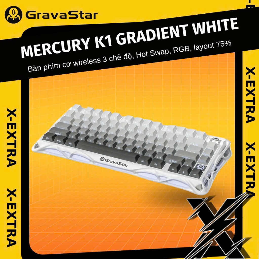 Bàn Phím Cơ GravaStar Mercury K1 Gradient White RGB Wireless 3 Mode Hot Swap 75% – Gaming Keyboard C
