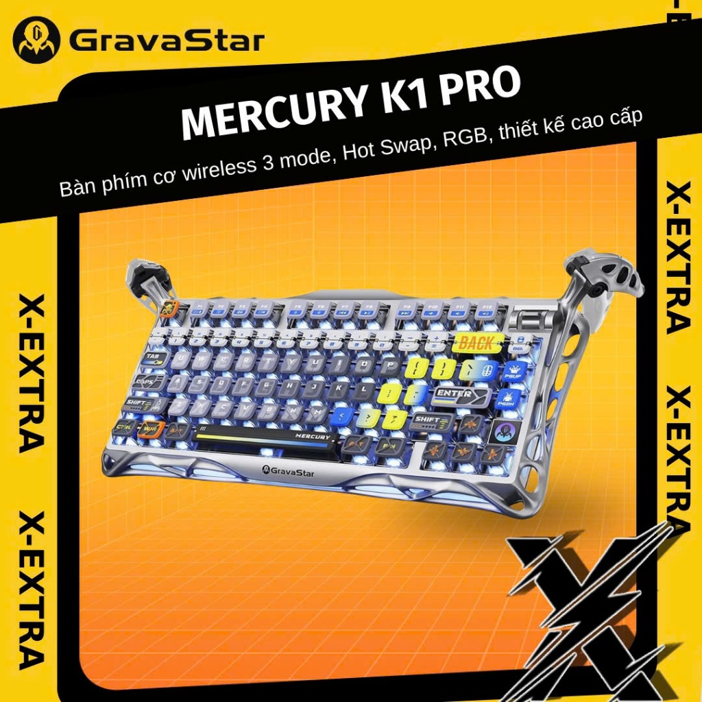 Bàn Phím Cơ GravaStar Mercury K1 Pro Interstellar Silver Wireless RGB Hot Swap – Gaming Keyboard 75%