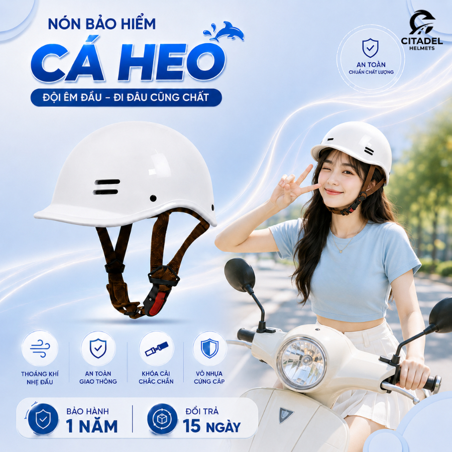Nón bảo hiểm nửa đầu cá heo chất liệu ABS an toàn - Cá tính, phù hợp cho cả nam và nữ, freesize cho 