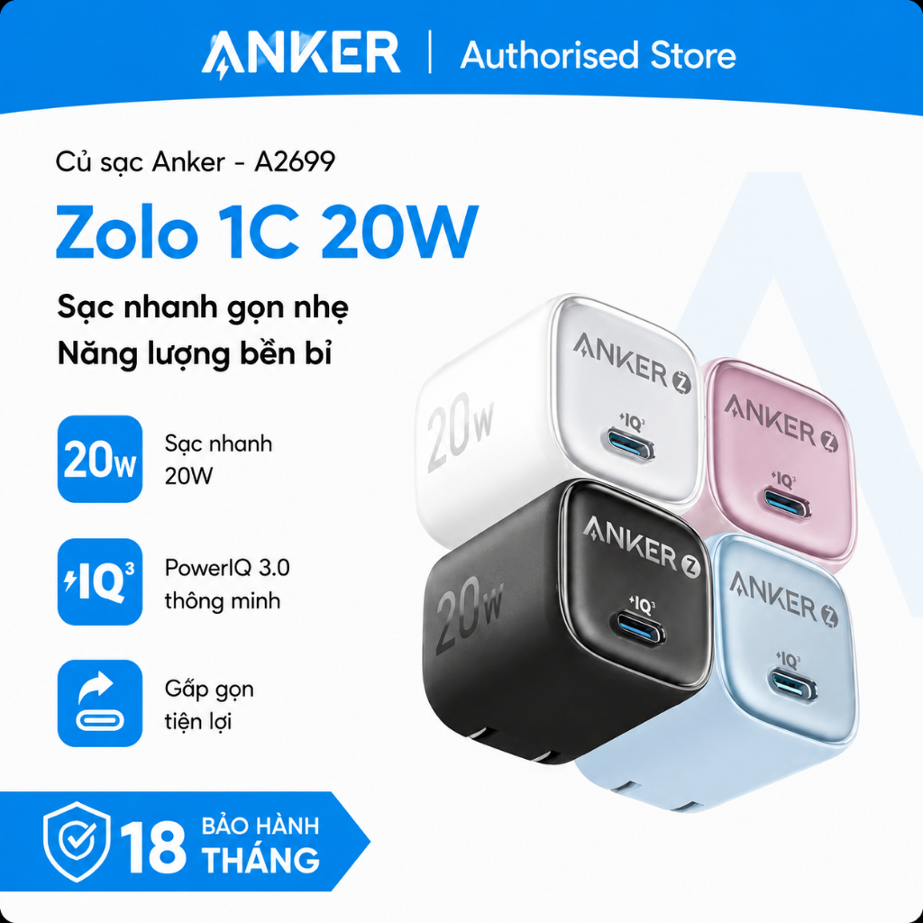Củ sạc Anker Zolo 1C 20W - A2699 - Hàng chính hãng - Bảo hành 18 tháng