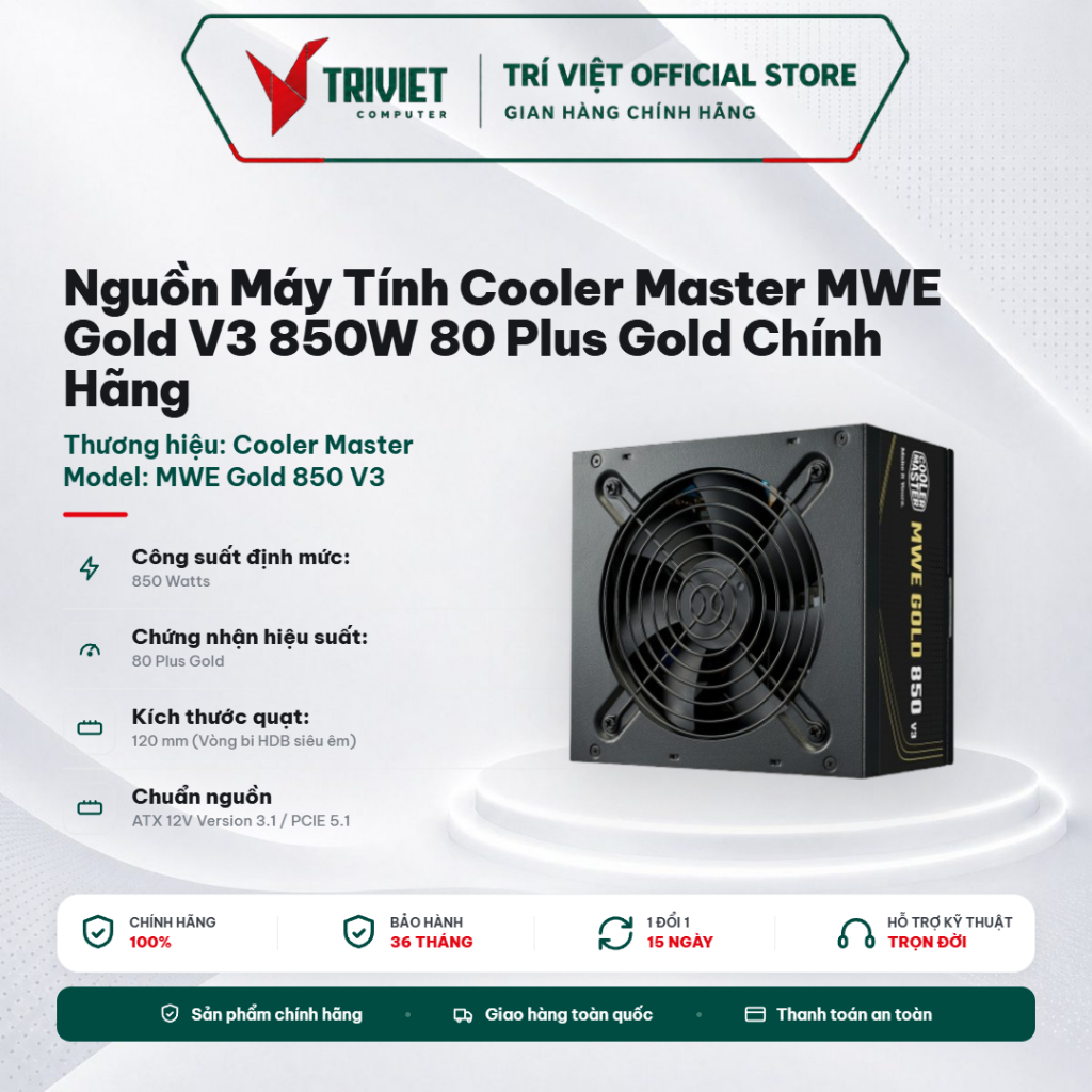Nguồn Máy Tính Cooler Master MWE Gold V3 850W 80 Plus Gold Chính Hãng - Active PFC - Quạt HDB 120mm